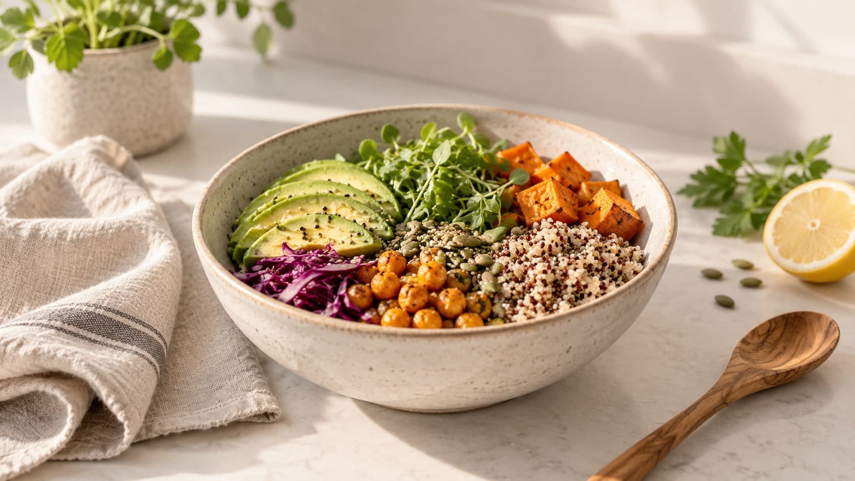 Buddha bowl with quinoa, roasted sweet potato, avocado slices, purple cabbage, chickpeas, microgreens, pumpkin seeds and fresh herbs, garnished with lemon