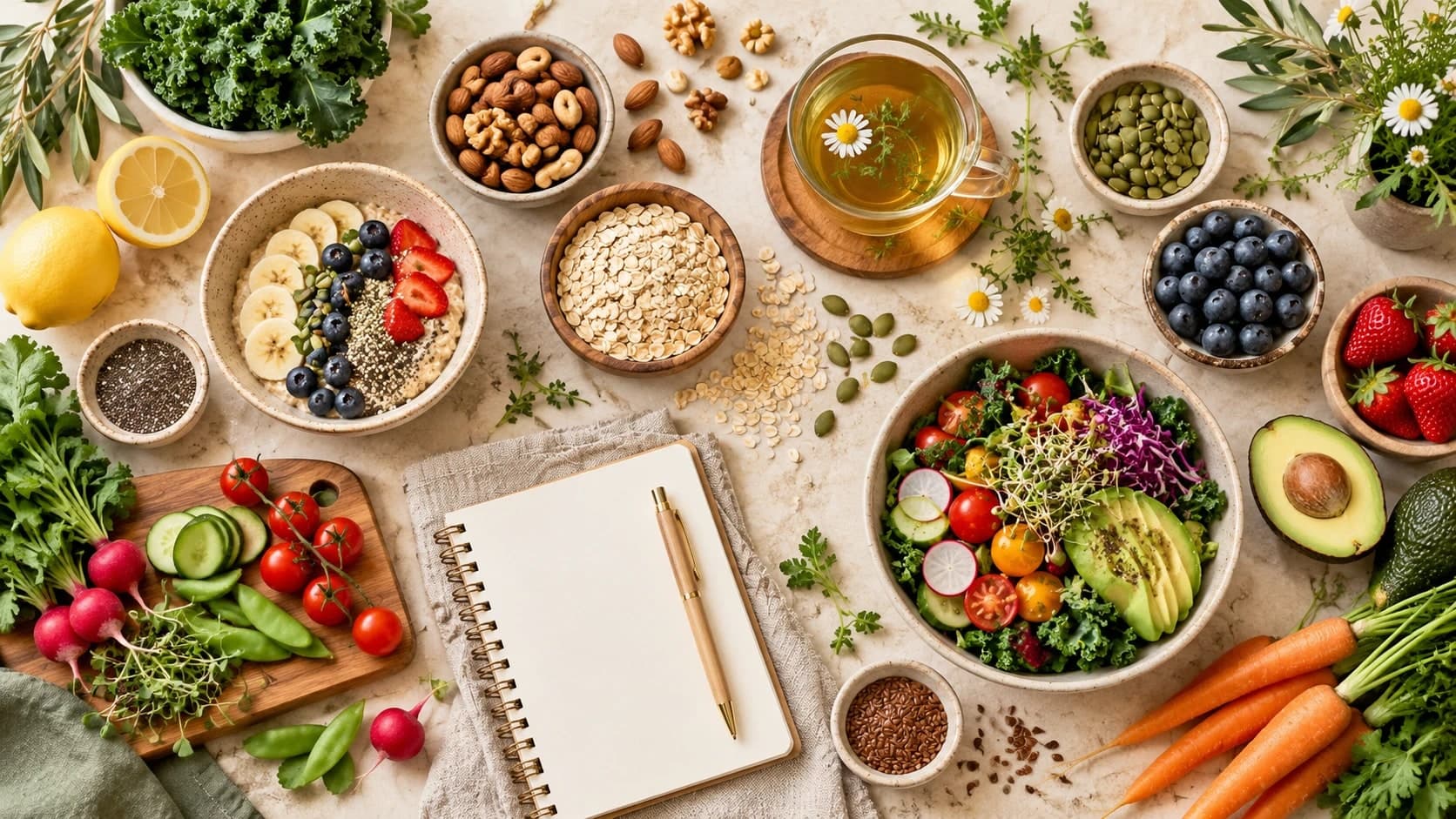 Overhead view of fresh vegetables, fruits, nuts, seeds, herbs, and a bowl of colorful salad arranged around an open spiral notebook with a pen