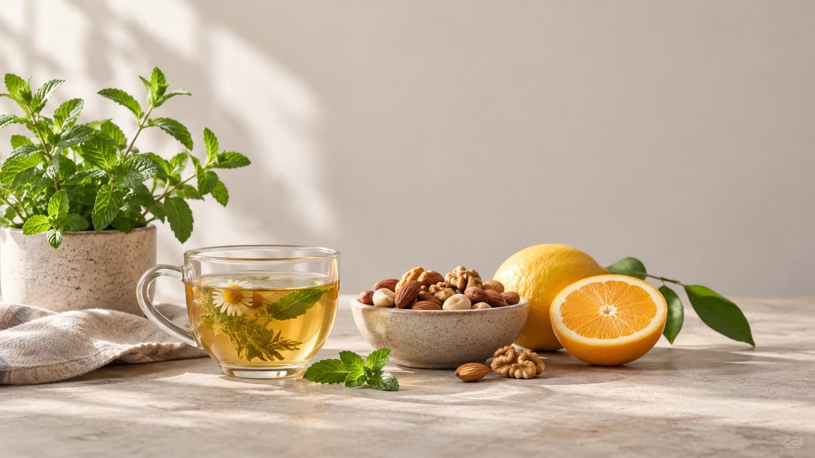 Herbal tea with chamomile and mint leaves in a glass cup, fresh citrus fruits, mixed nuts in a stone bowl, and potted mint plant arranged on a wooden surface with natural sunlight
